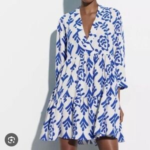 Sold On M!  Zara White and Cobalt Blue Floral V-Neck Tiered Mini Dress